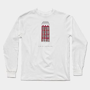 Red four story house. Amsterdam, Netherlands. Realistic illustration. Long Sleeve T-Shirt